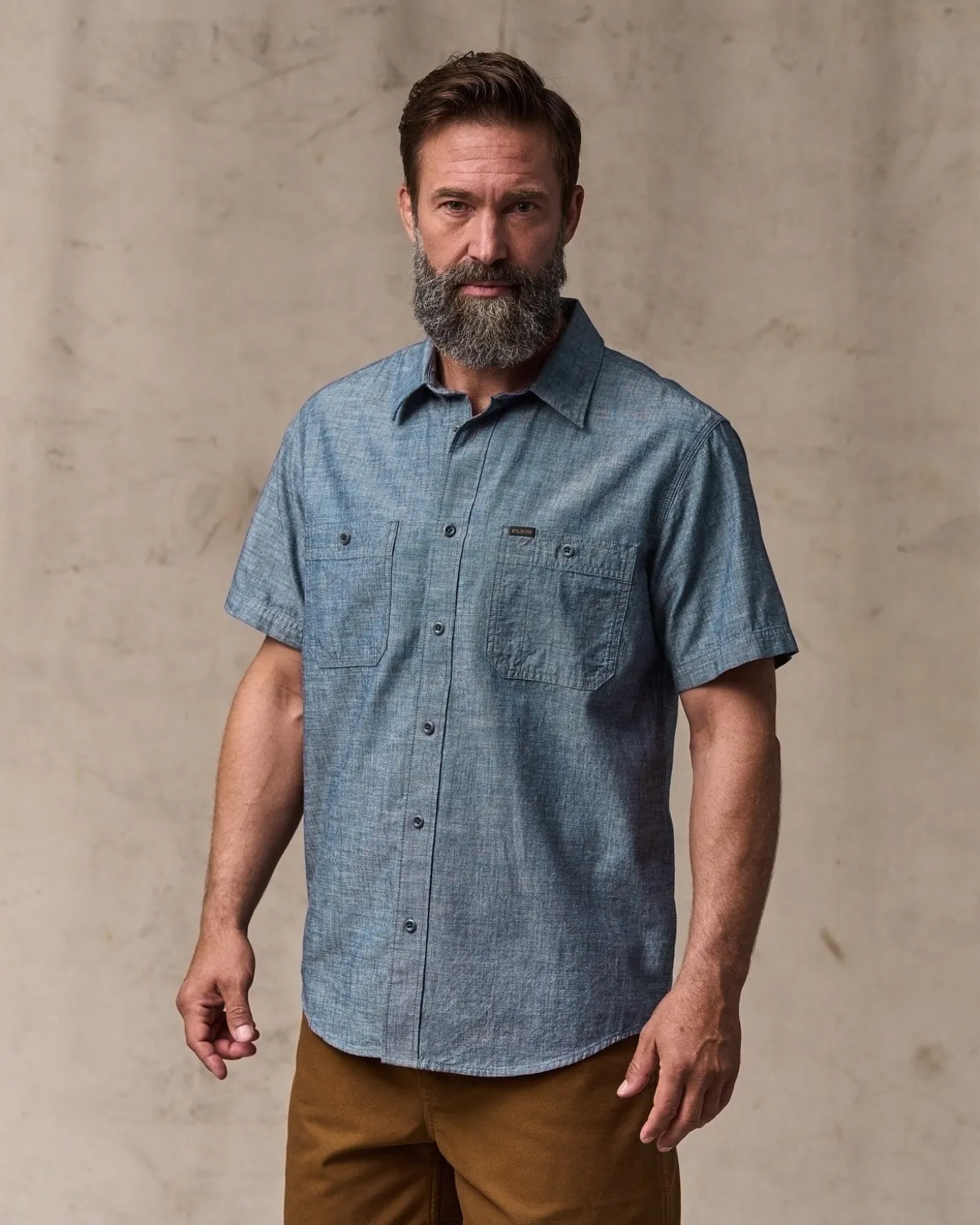 Short-sleeve Embroidered Chambray Shirt