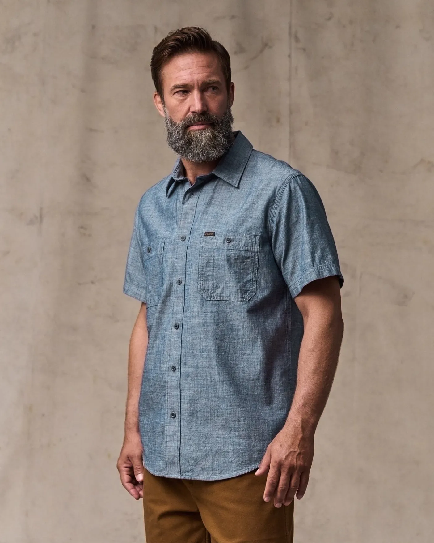 Short-sleeve Embroidered Chambray Shirt