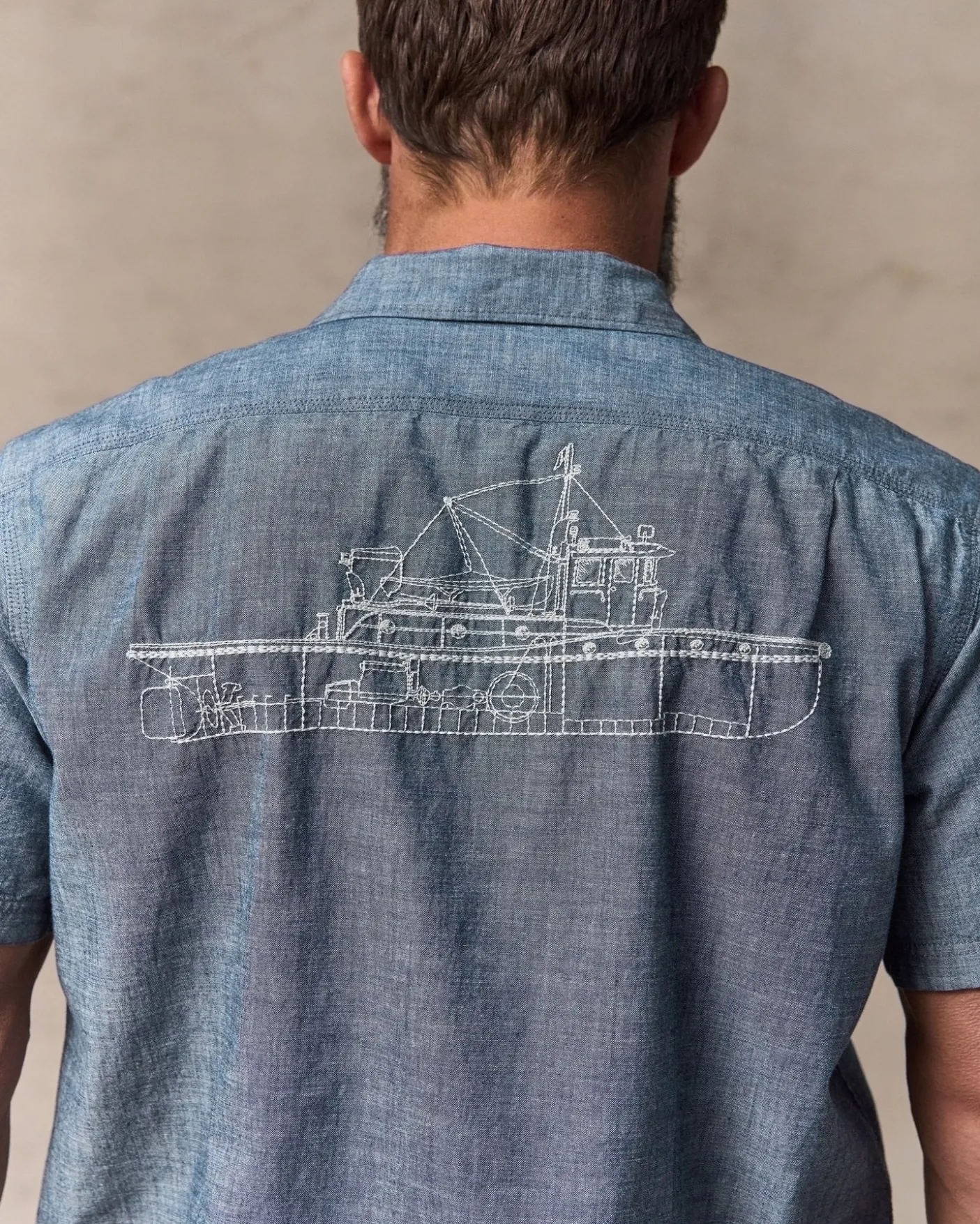 Short-sleeve Embroidered Chambray Shirt